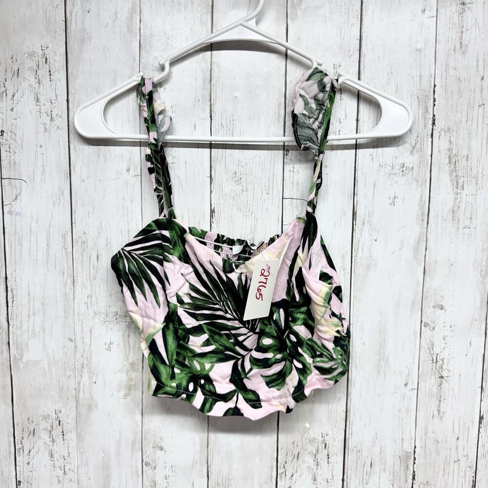 New Lush Top Women Size Small Palm Pattern Flutter Strap Elastic Back Crop Tank